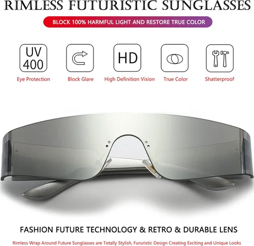 Vista 4 de AIEYEZO Gafas de sol envolventes futuristas de moda moderna sin montura para mujeres y hombres Cyberpunk visera gafas de sol modernas sombras futuras