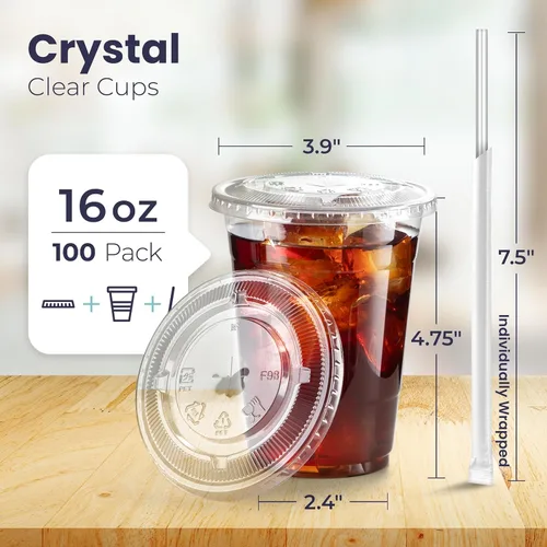 Vista 2 de Fit Meal Prep Paquete de 100 Vasos de Plástico para Café Helado de 16 oz con Tapas Planas y Pajitas Transparentes, Vaso Transparente Desechable