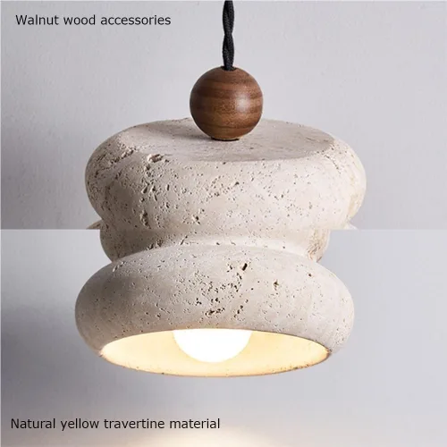 Vista 6 de Farmhouse Pendant Lights Fixtures Vintage Yellow Travertine Hanging Lamp with Wood Accents Japanese Wabi-Sabi Natural Chandeliers for Kitchen Island