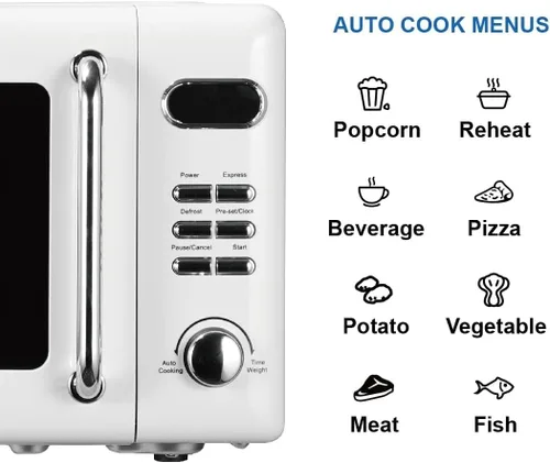 Vista 4 de Emerson MWR7020W - Horno microondas compacto para encimera con control de botón, pantalla LED, 700 W, 5 niveles de potencia, 8 menús automáticos
