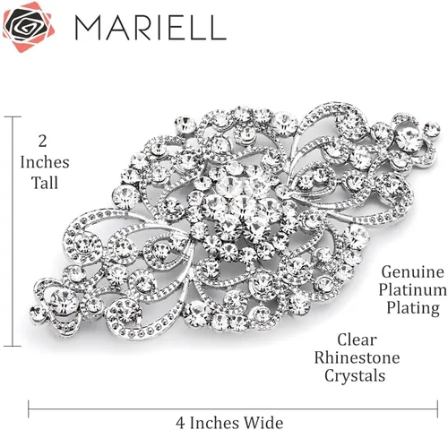 Vista 5 de Mariell Broche vintage de cristal para novia, 4 pulgadas de ancho, pin de boda de plata antigua, broche de diamantes de imitación para novias