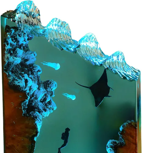 Vista 2 de Manta Ray and Diver - Lámpara de madera de resina para buceo, lámpara de mar azul profundo, diorama con temática oceánica, lámpara de océano