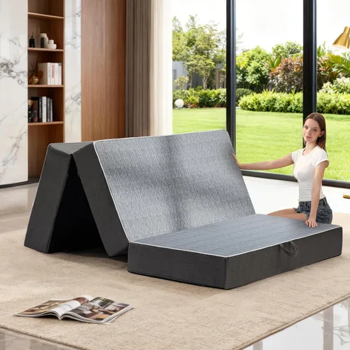 Vista 11 de Colchón triple plegable tamaño matrimonial – Colchón plegable de espuma viscoelástica de doble capa de 6 pulgadas, sofá cama portátil con funda