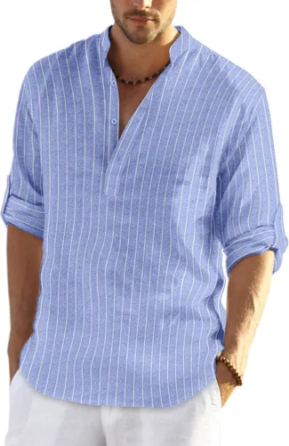 Vista 37 de COOFANDY Camiseta Henley de algodón y lino para hombre, de manga larga, estilo hippie, casual, playera
