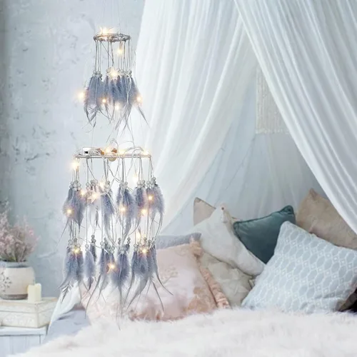 Vista 7 de Dremisland Atrapasueños de Plumas Blancas de Doble Círculo con Luces LED de Hadas Móviles, Adornos Colgantes de Pared, Decoración de Techo