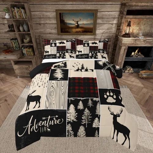Vista 39 de Juego de edredón de cabaña rústica navideña, juego de ropa de cama estilo rústico con diseño de osos y ciervos, tamaño completo, patchwork Multi 08