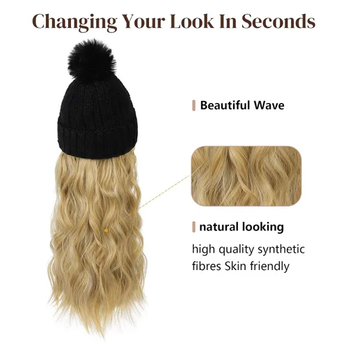 Vista 2 de Flufymooz Gorro con peluca, extensión de pelo con gorro de piel sintética con pompón largo ondulado rizado, peluca con gorro adjunto de 20 pulgadas