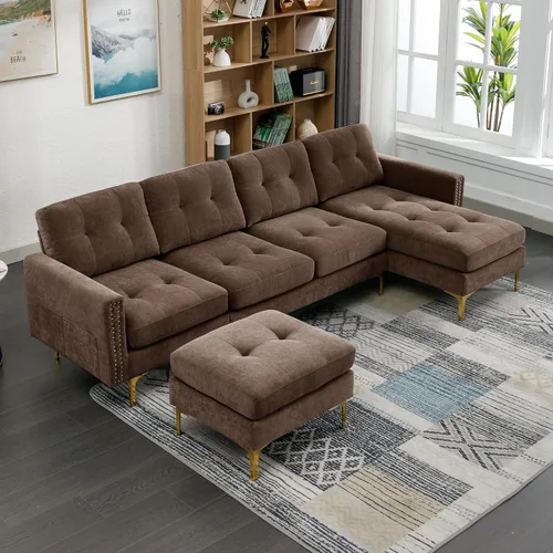 Vista 9 de Sofá modular de terciopelo de 111 pulgadas para sala de estar, moderno y contemporáneo en forma de L de 4 asientos copetudo, sofá con diván y 111in