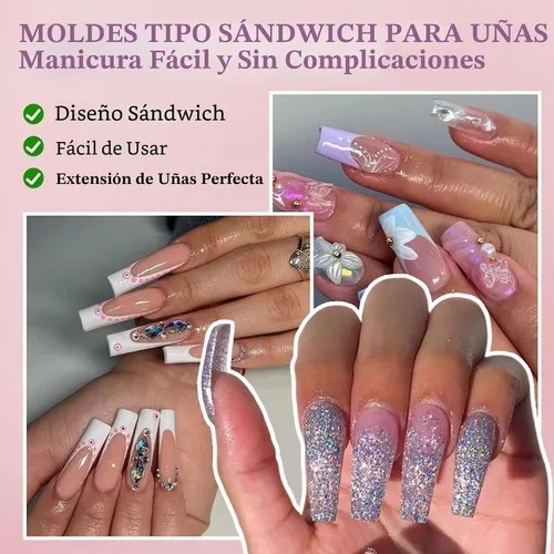 Vista 5 de 280 formas de uñas dobles tipo sándwich, 14 tamaños, forma ovalada para gel constructor, moldes de extensión de uñas reutilizables de cobertura