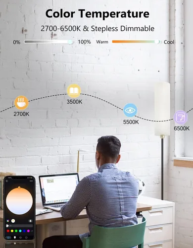 Vista 4 de Lámpara de pie inteligente funciona con Alexa y Google Home, cambio de color, regulable sin escalones para sala de estar, modernas lámparas WiFi