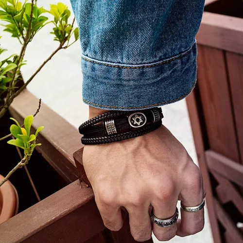 Vista 6 de Vanski - Pulsera de cuero trenzado multicapa de acero inoxidable diseño de estrella de David