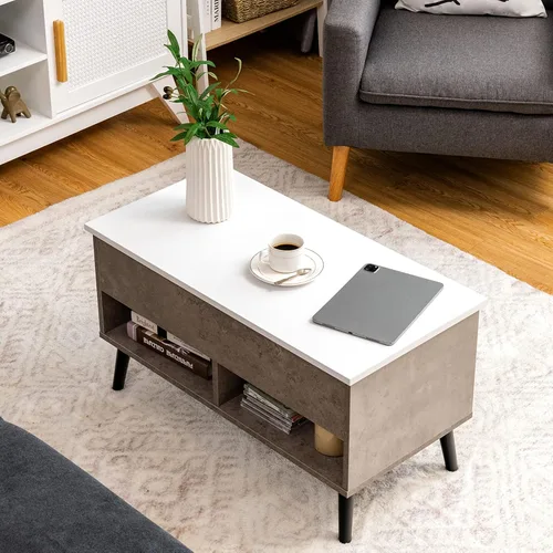 Vista 4 de Tangkula Mesa de centro elevable, mesa de comedor de madera con almacenamiento oculto y 2 estantes abiertos, dispositivo de elevación hidráulica