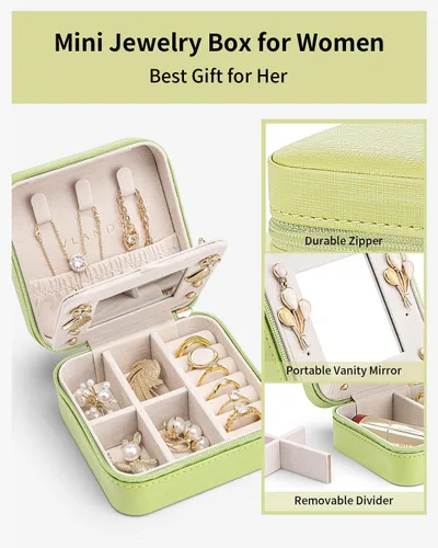 Vista 3 de Vlando Pequeño organizador de joyero de viaje Anillo de regalo para mujer, aretes, collares, vitrina de almacenamiento para niñas, color verde