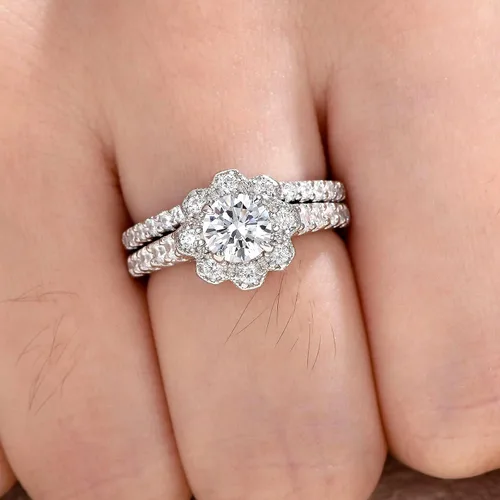 Vista 4 de Newshe Jewellery AAAAA - Anillos de boda para mujer, juego de novia de compromiso con halo de flores, plata de ley 925, anillo de circonita cúbica