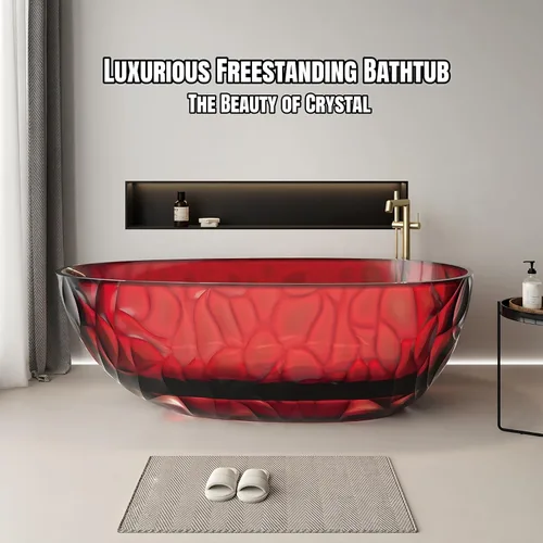 Vista 2 de Bañera independiente transparente de 67 pulgadas – Bañera de superficie sólida de diseño con textura ondulada, bañera de remojo extra profunda