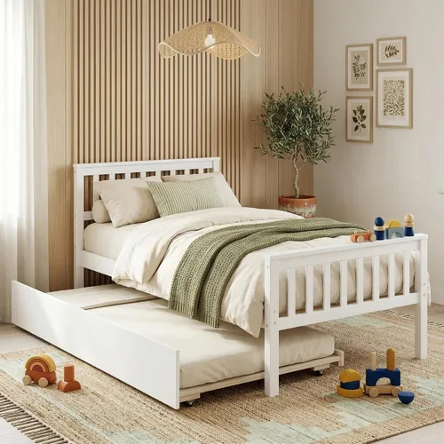 Vista 10 de VECELO Twin Size Platform Bed with Trundle, Solid Wood Twin Bed Frame with Slat Support, 400lbs+200lbs Weight Capacity, No Box Spring Needed