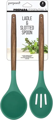 Vista 4 de Prepara Juego de 2 cucharones de sopa y cuchara ranurada de acacia y silicona, color verde espuma de mar