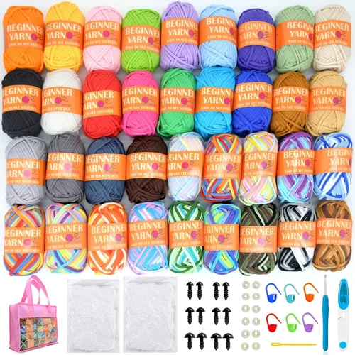 Vista 11 de 24 Pack de Hilo de Ganchillo para Principiantes Azul Rosa Púrpura Marrón Arcoíris de Algodón para Tejer y Ganchillo con Puntos Fáciles de Ver Kit
