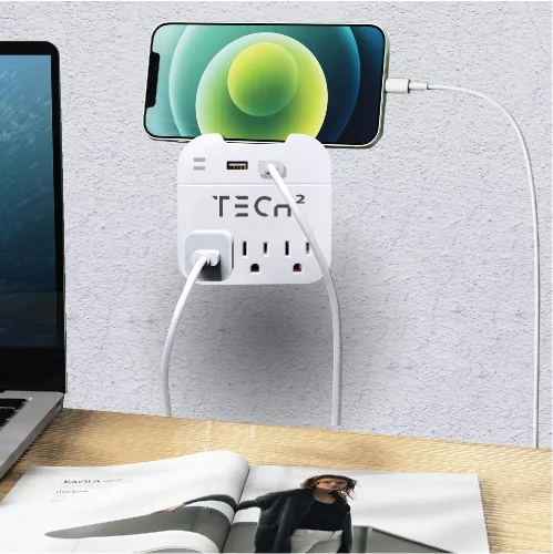 Vista 5 de Protector contra sobretensiones de salida de pared con puertos USB, extensor de 3 salidas con 2 puertos USB (1 USB-C) - Regleta de alimentación