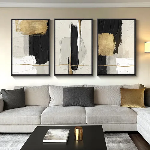 Vista 30 de Arte de pared abstracto moderno enmarcado en blanco y negro, 3 piezas de impresiones en lienzo pinturas obras de arte para paredes, cuadros Negro