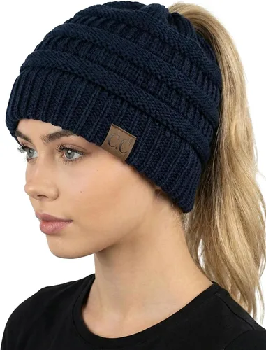 Vista 19 de Funky Junque Gorro de Cola de Caballo para Mujeres - Gorro de Invierno Ponyback Suave Elástico de Punto Trenzado Cola Alta Gorros para Correr