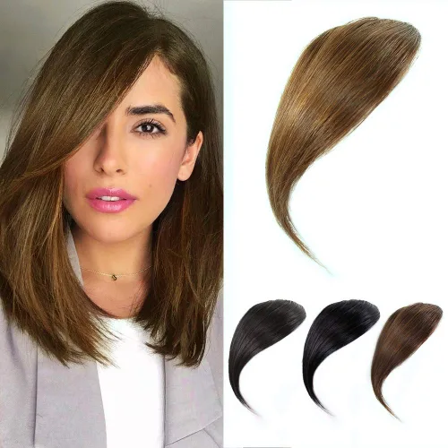 Vista 11 de Flequillo lateral con clip en cabello humano real natural con clip en flequillo lateral, extensiones de cabello lacio con flecos (rubio/613#)