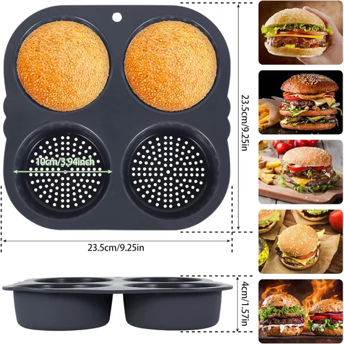 Vista 11 de Molde de silicona para bollo de hamburguesa con 4 cavidades, molde antiadherente para panecillos de hamburguesas flexible, fácil de liberar, lavable