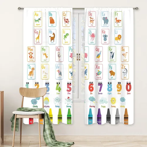 Vista 4 de MESHELLY Cortinas del alfabeto ABC para niños, 42 pulgadas de ancho x 63 pulgadas de alto, bolsillo para barra, colorido, caricatura, aprendizaje