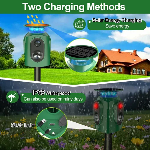Vista 7 de Repelente ultrasónico de animales para exteriores – Repelente de gatos y disuasorio de ciervos con sensor PIR y alimentado por energía solar