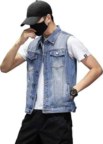 Vista 4 de DAVID.ANN Chaleco de mezclilla para hombre, chaqueta sin mangas de camionero