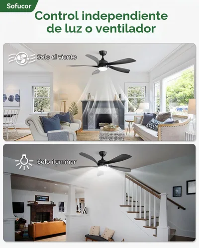 Vista 9 de Sofucor Ventilador de techo moderno inteligente de 52 pulgadas con luz para Negro
