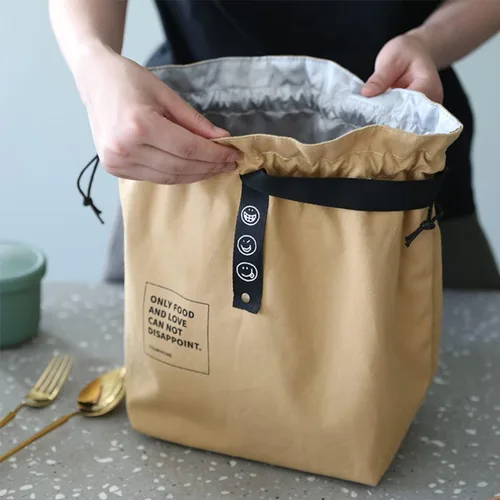 Vista 6 de Bolsa de almuerzo de lona con cordón, bolsa de almuerzo aislada, estilo japonés, bolsa de almuerzo reutilizable, bolsa aislada con asa y cierre