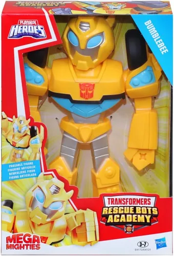 Vista 3 de Transformers Playskool Heroes Rescue Bots Academy Mega Mighties Bumblebee Figura de acción coleccionable de robot de 10 pulgadas, juguetes
