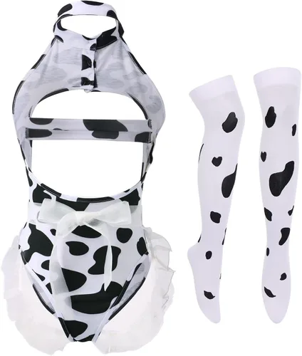 Vista 2 de IBTOM CASTLE Disfraz de vaca sexy dálmata de leopardo de leche peluda, traje kawaii, conjunto de lencería para mujer