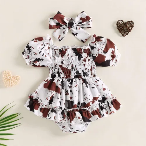 Vista 2 de YINGISFITM Mameluco de manga larga para bebé niña con volantes, estampado de vaca, vestido de verano, ropa linda