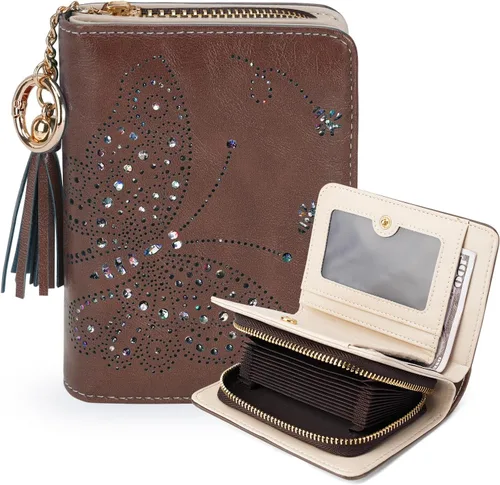 Vista 7 de KITEVIUN Cartera RFID delgada para mujer con doble pliegue, tarjetero con cremallera y monedero, cartera ultradelgada compacta con ventana