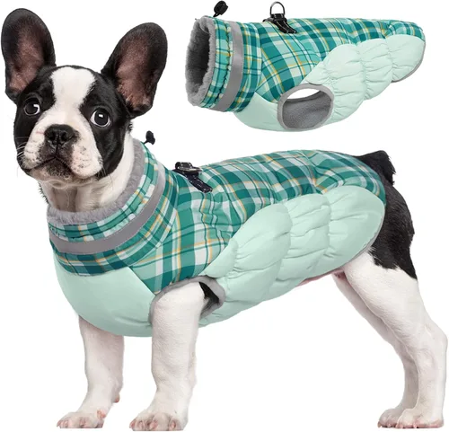 Vista 52 de Abrigo para perro, chaqueta cálida de invierno, acolchada, de vellón, chaleco reflectante con arnés, chaqueta de nieve impermeable con cremallera, a