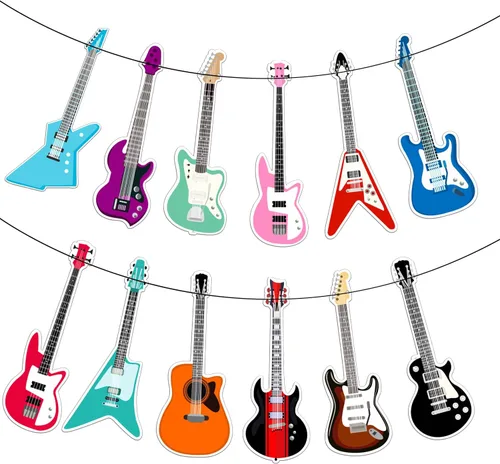 Vista 7 de Cartel de feliz cumpleaños de guitarra, decoración geométrica multicolor para fiestas temáticas de música para niños y niñas, 5 x 78 pulgadas