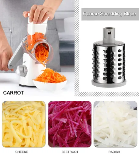 Vista 3 de Ourokhome Rallador rotativo de queso y rallador de caja de acero inoxidable con recipiente de almacenamiento extraíble, guantes, pelador de verduras