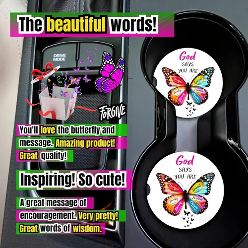Vista 5 de Posavasos cristianos para portavasos – Paquete de 2 bonitos versículos de la Biblia de mariposa, accesorios de coche para mujeres, decoración de fe