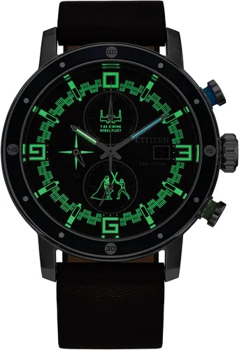 Vista 4 de Citizen Eco-Drive Star Wars Luke Skywalker - Reloj cronógrafo de acero inoxidable con correa de cuero marrón, bisel azul (modelo CA0768-07W)