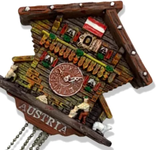 Vista 2 de A-ONE Reloj de cuco con diseño de casa de Austria, colección 3D, 1 pieza + camisas de Viena, parche de apliques 1 pieza de imán de refrigerador