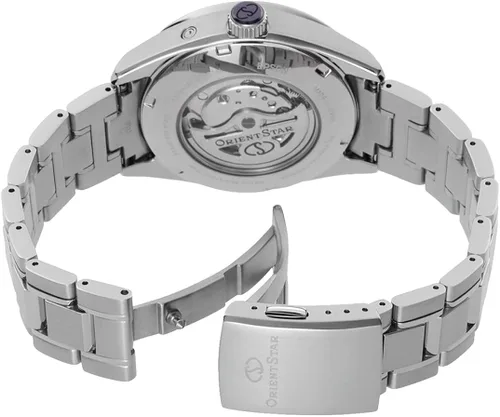 Vista 4 de Orient Star Moon Phase RE-AY0005A - Reloj de cristal de zafiro para hombre con esfera de nácar, Nácar