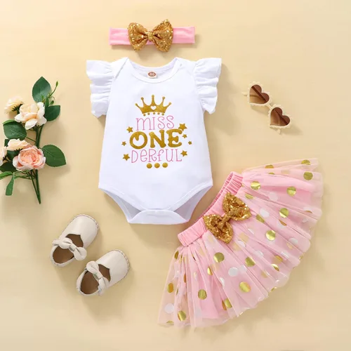 Vista 8 de ATCTBOGFS Conjunto de mameluco de algodón para el primer cumpleaños para niñas con lentejuelas y lazo para la cabeza, 3 piezas