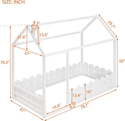 Vista 2 de Harper & Bright Designs Camas de casa para niños, cama de piso individual con valla de madera, marco de cama de cabaña que se puede decorar