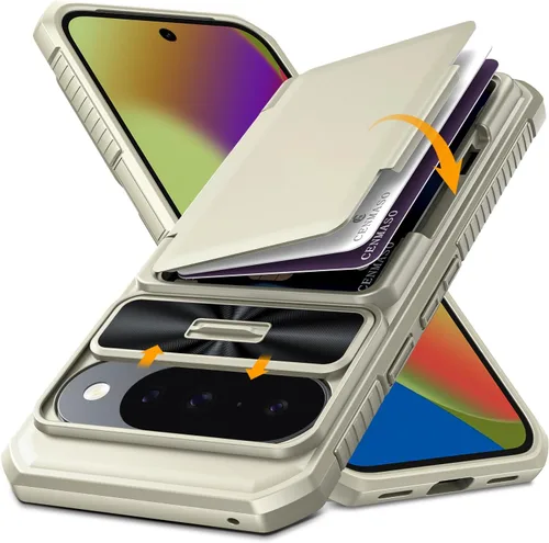 Vista 24 de CENMASO - Funda para Google Pixel 9 Pro XL con tarjetero (4 tarjetas), funda deslizante para cámara y función atril, bloqueo RFID, protección
