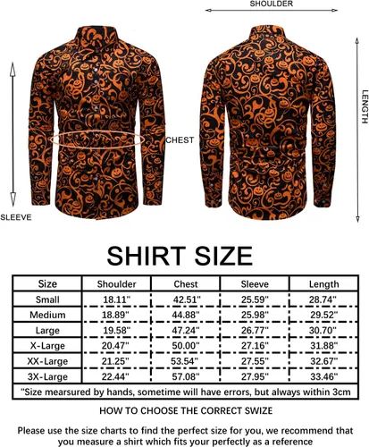 Vista 6 de fohemr Camisa divertida de Halloween para hombre, diseño de calabaza fea, manga larga, casual, con botones, disfraz de adulto para fiesta