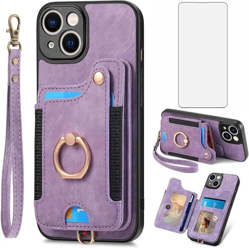 Vista 8 de Asuwish Funda de teléfono para iPhone 15 de 6.1 pulgadas con protector de pantalla de vidrio templado y correa para la muñeca, soporte para tarjeta