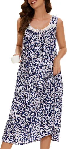 Vista 6 de AVIIER Camisones de algodón para mujer, sin mangas, vestido de casa largo con bolsillos, S-XXL Flor negra