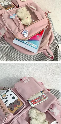 Vista 7 de Mochila escolar Kawaii para adolescentes y niñas, estética para el regreso a clases, linda y adorable con pin Kawaii y bonito accesorio, Blanco, L